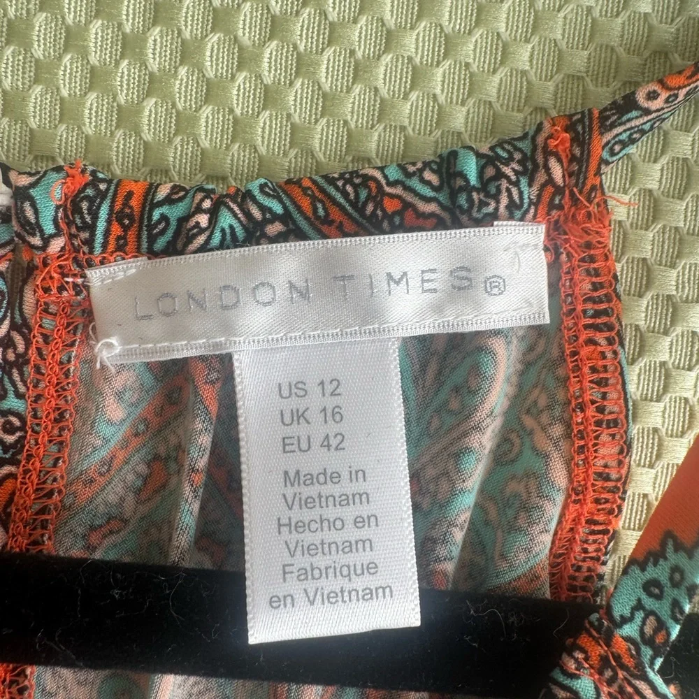 London Times Size 12 Medallion Sleeveless Halter Maxi Dress Orange and Blue NWOT